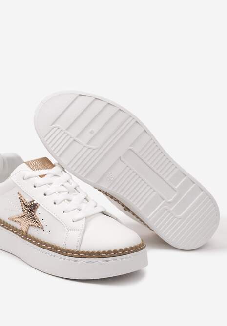 Biało-Szampańskie Płaskie Sneakersy ze Sznurowaniem i Metalicznymi Wykończeniami Delulla