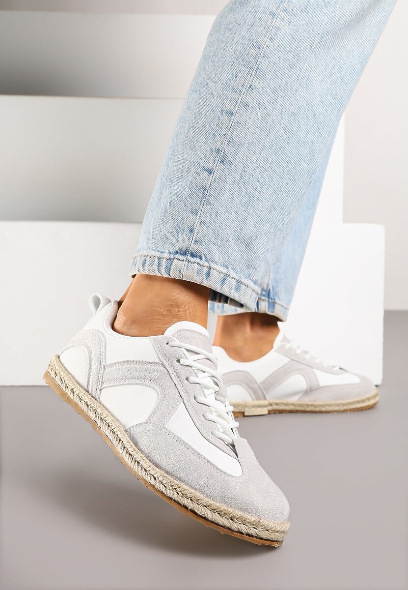 Biało-Szare Sneakersy Kultowe Tenisówki z Podeszwą Zdobioną Plecionką Zarorella