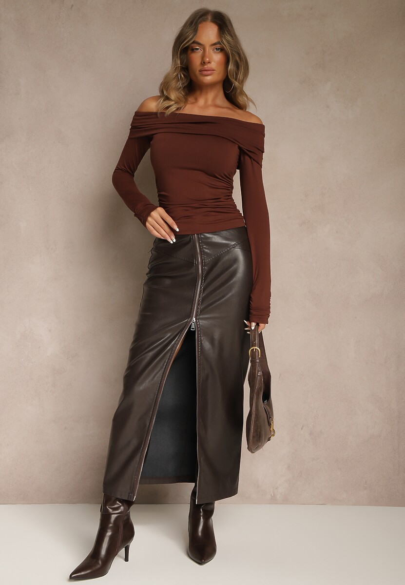 Brązowa Marszczona Bluzka Hiszpanka Vices z Wywiniętym Dekoltem Termola