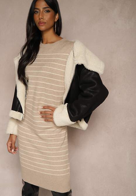 Beżowa Dzianinowa Sukienka z Wiskozą Zdobiona Wzorem w Paski i Ściągaczami Delwenna