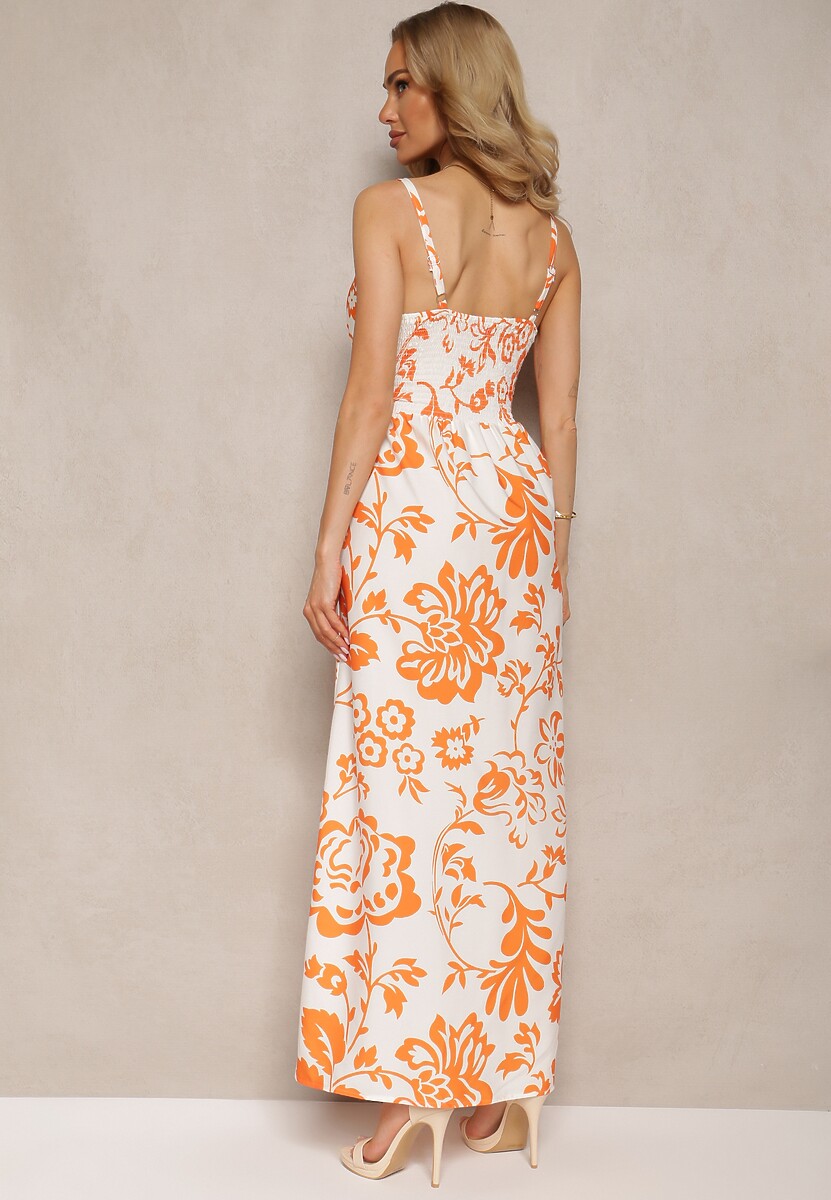 Pomarańczowa Sukienka z Gumkami na Plecach Ściągana w Talii z Regulowanymi Ramiączkami Falora