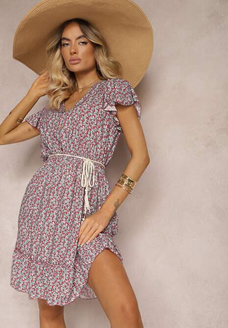 Bordowa Sukienka z Bawełny w Kwiaty z Gumką w Talii Ozdobiona Falbanami Neliera