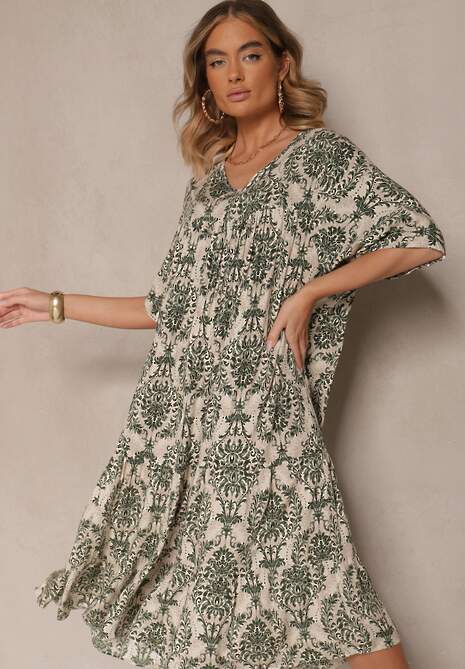 Ciemnozielona Sukienka z Bawełną i Abstrakcyjnym Motywem Filarella