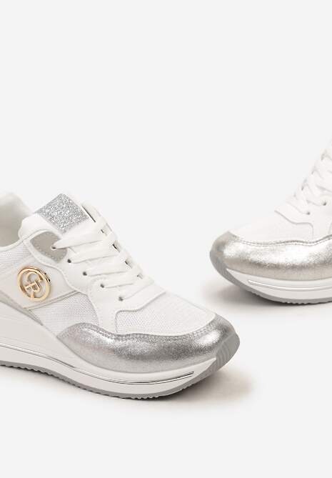 Srebrne Siateczkowe Sneakersy na Koturnie z Metalicznymi Aplikacjami i Brokatem Viean