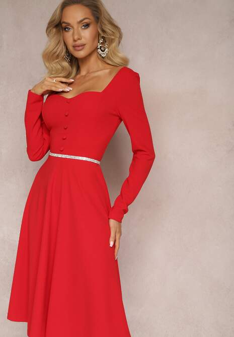 Czerwona Rozkloszowana Sukienka Midi z Guzikami i Głębokim Dekoltem Salaria