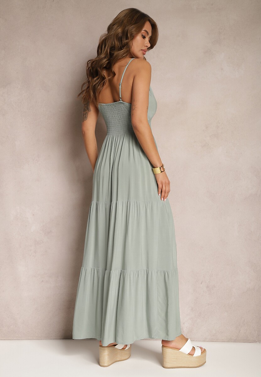 Ciemnozielona Sukienka Bawełniana Rozkloszowana Długa na Cienkich Ramiączkach z Regulacją Shalletia