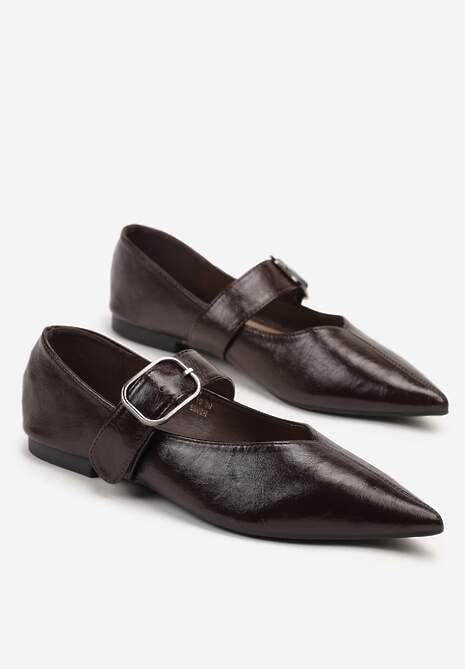 Ciemnobrązowe Balerinki w Stylu Mary Jane ze Szpiczastym Noskiem Nalivira