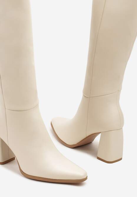 Beżowe Kozaki na Obcasie Typu Stożek w Klasycznym Stylu Lanile