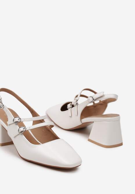 Białe Czółenka z Ekoskóry Typu Slingback na Słupku z Trzema Sprzączkami Qrevia