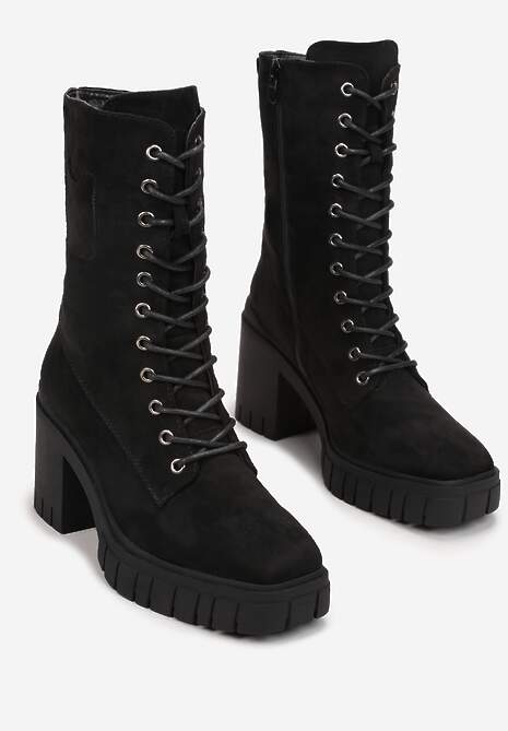 Czarne Botki na Słupku i Platformie ze Sznurowaniem Ameni