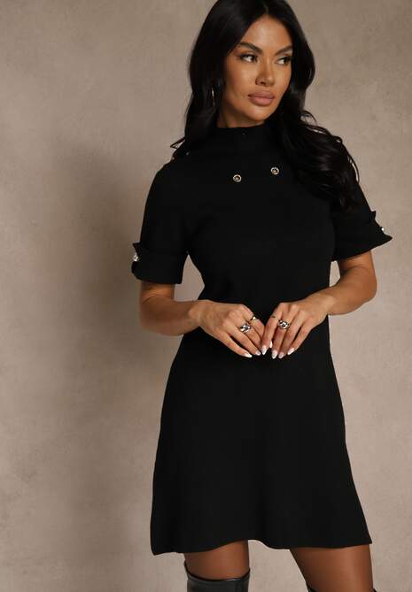 Czarna Sukienka Sweterkowa o Trapezowym Kroju z Perełkami Liatusea