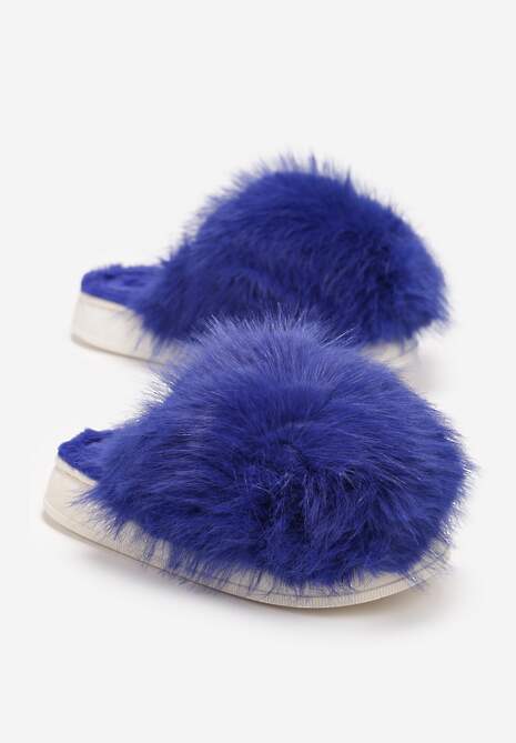 Niebieskie Kapcie ze Sztucznym Futrem na Grubej Podeszwie Demofa