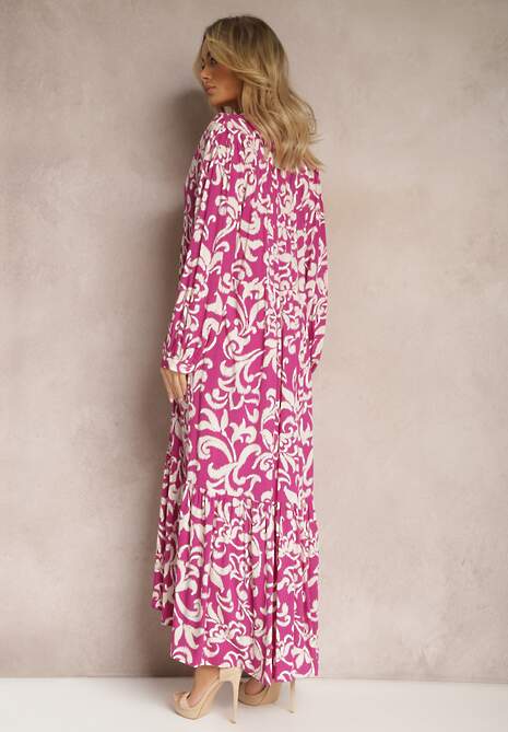 Fuksjowa Rozkloszowana Sukienka Maxi z Wiskozy o Koszulowym Kroju w Ornamentalny Print Leonorra
