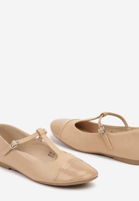 Beżowe Balerinki na Płaskiej Podeszwie z Lakierowanym Noskiem i Sprzączką Lerirra