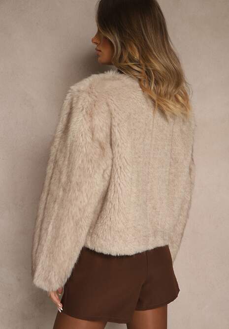 Beżowa Kurtka Futerko o Prostym Fasonie z Okrągłym Dekoltem Iddane