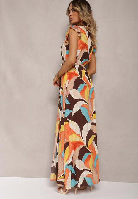 Pomarańczowa Kopertowa Sukienka z Gumką w Talii i Materiałowym Paskiem Ozdobiona Rozcięciem Eletta