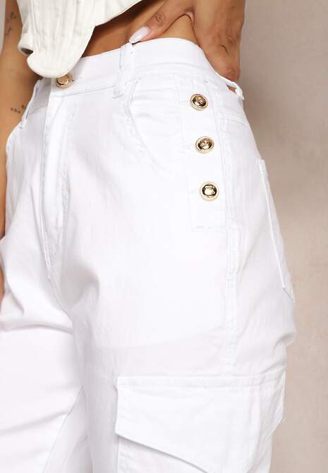 Białe Spodnie Bawełniane o Fasonie Bojówek High Waist z Guzikami Amatnosha