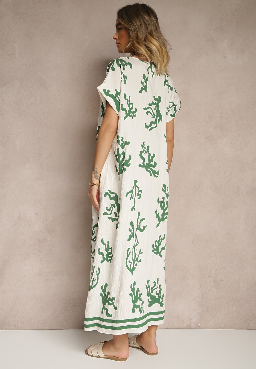 Zielono-Beżowa Pudełkowa Sukienka z Wiskozą i Lnem Sadeone