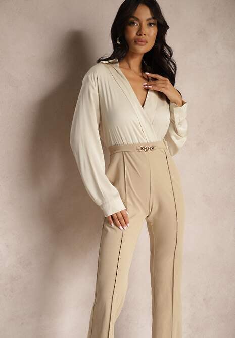 Beżowy Kopertowy Kombinezon z Elegancką Koszulową Górą i Szerokimi Nogawkami Vareti