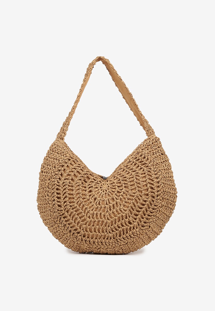 Beżowa Pleciona Torebka na Ramię o Półokrągłym Kształcie Genvia