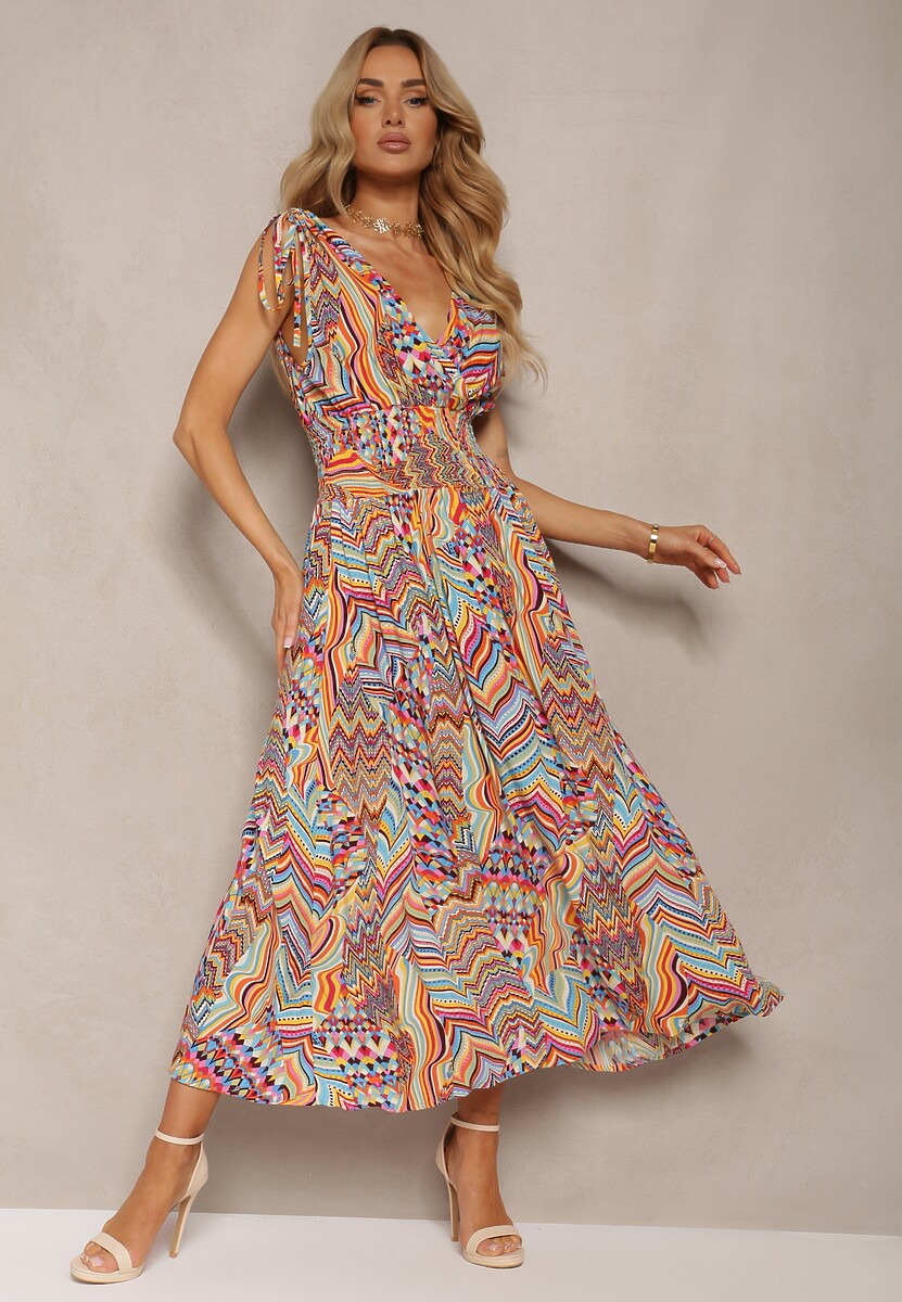 Żółto-Niebieska Boho Sukienka o Rozkloszowanym Kroju z Dekoltem w Serek i Gumką w Pasie Heteri