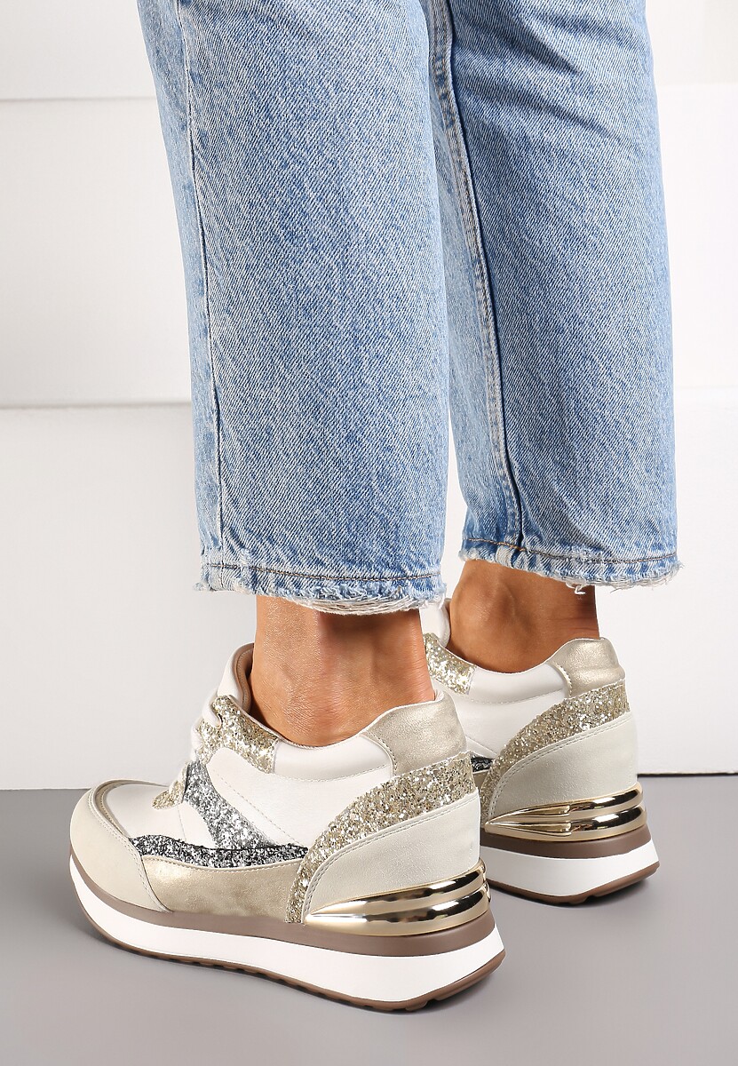 Szaro-Złote Brokatowe Sneakersy na Ukrytym Koturnie Zophiela