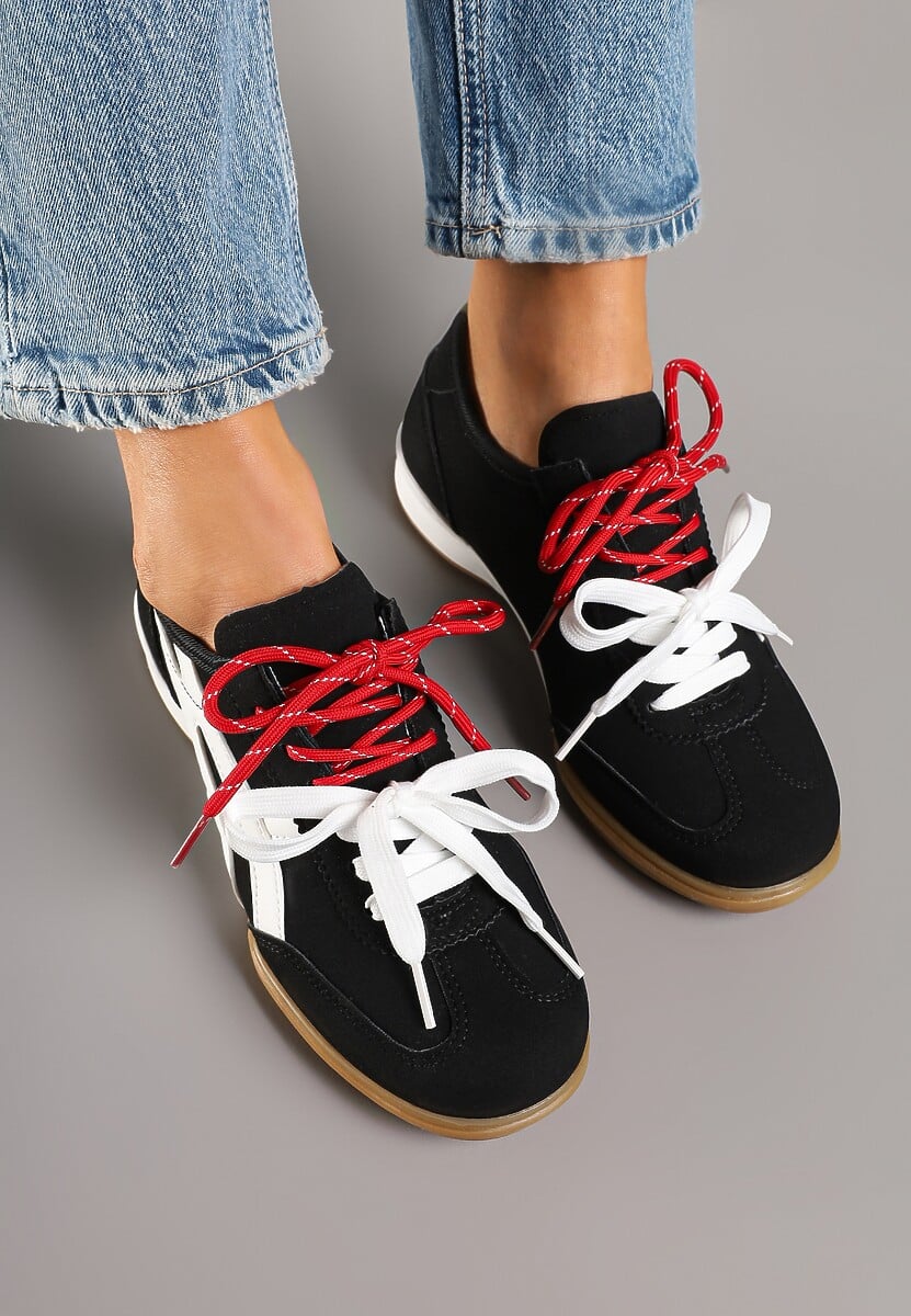 Czarne Sneakersy Ozdobione Geometrycznym Wzorem i Podwójnym Sznurowaniem Hirozi