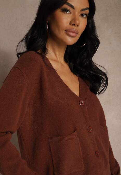 Brązowy Kardigan na Guziki z Domieszką Kaszmiru Vetiella