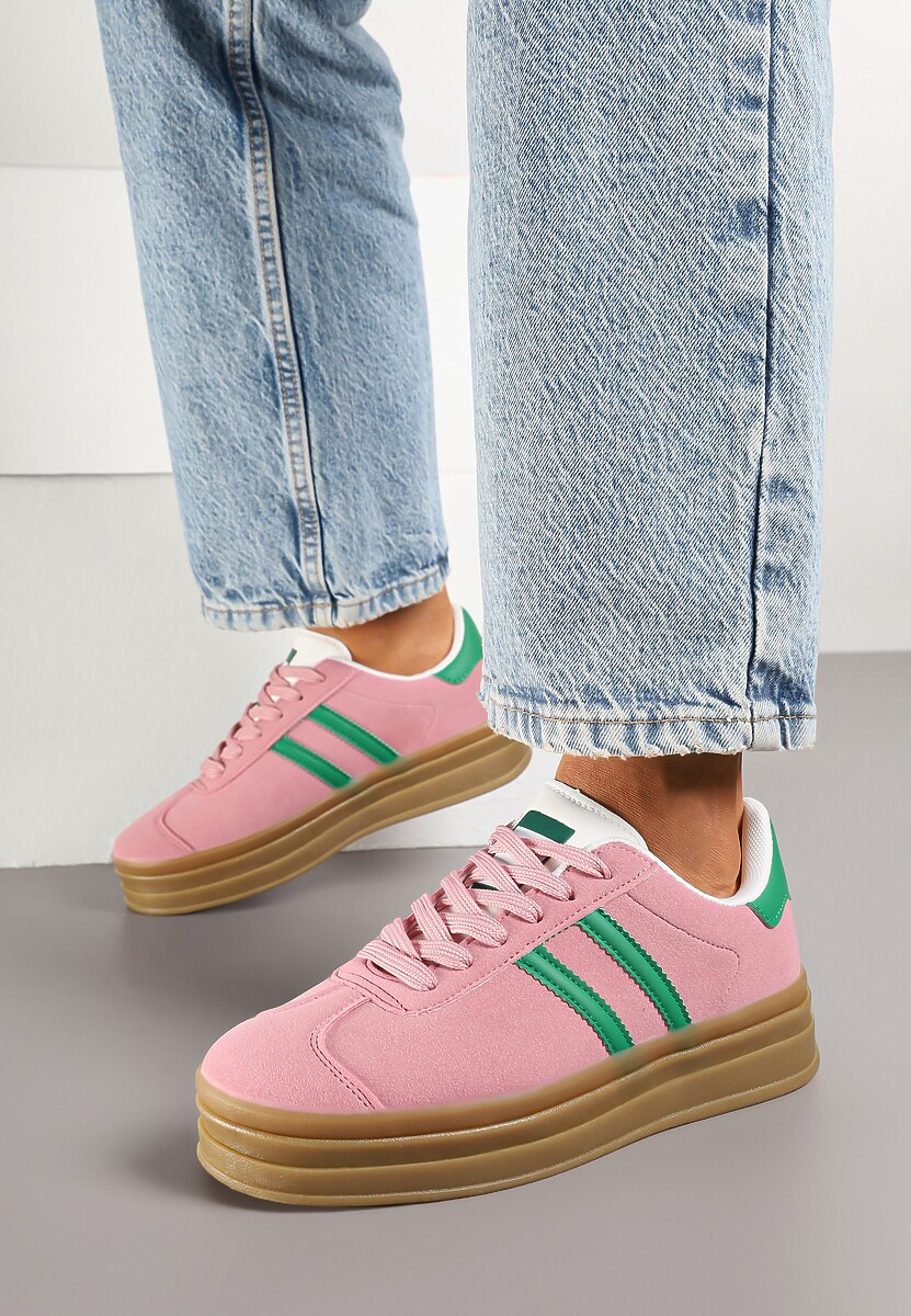 Beżowo-Zielone Klasyczne Sneakersy na Niewysokiej Platformie Terilee