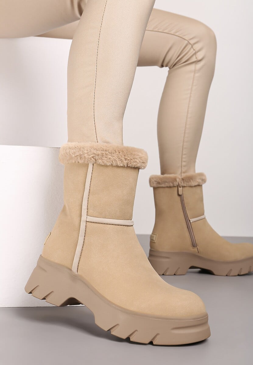 Beżowe Śniegowce na Niskiej Platformie z Ozdobnym Futerkiem Revianna