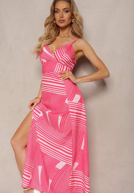 Fuksjowa Sukienka z Regulowanymi Ramiączkami z Gumkami z Tyłu i Rozcięciami Fatoria