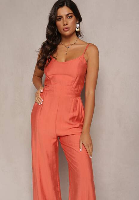 Pomarańczowy Długi Kombinezon z Szerokimi Nogawkami na Cienkich Ramiączkach Jemanne