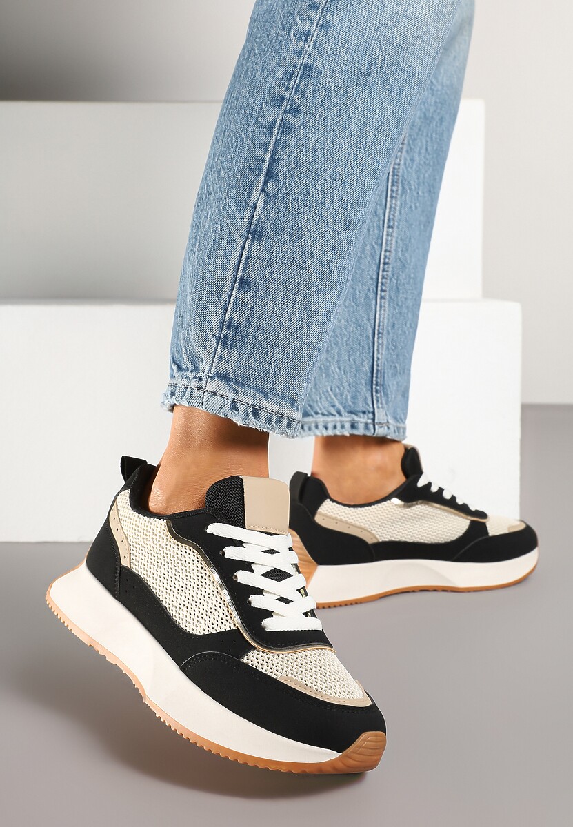Czarno-Beżowe Sneakersy Ozdobione Geometrycznym Motywem Calgis
