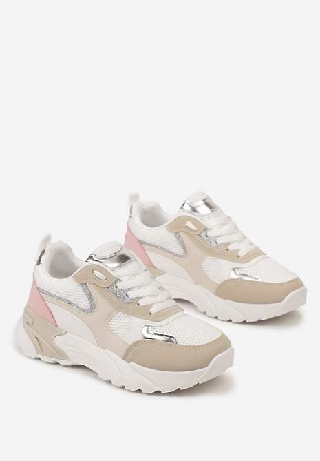 Beżowo-Białe Sneakersy z Metalicznymi i Siateczkowymi Wstawkami Efalia