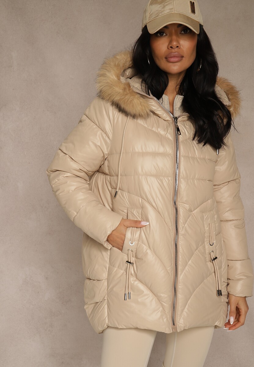 Brązowa Trapezowa Kurtka z Pikowanymi Przeszyciami i Kapturem z Odpinanym Futrem Deoiala