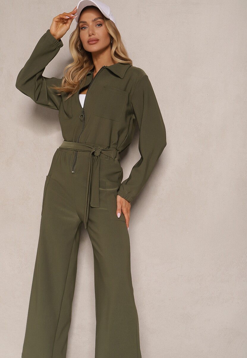 Ciemnobeżowy Kombinezon z Elastyczną Gumką w Pasie z Dodatkowym Wiązaniem o Luźnym Kroju Creera