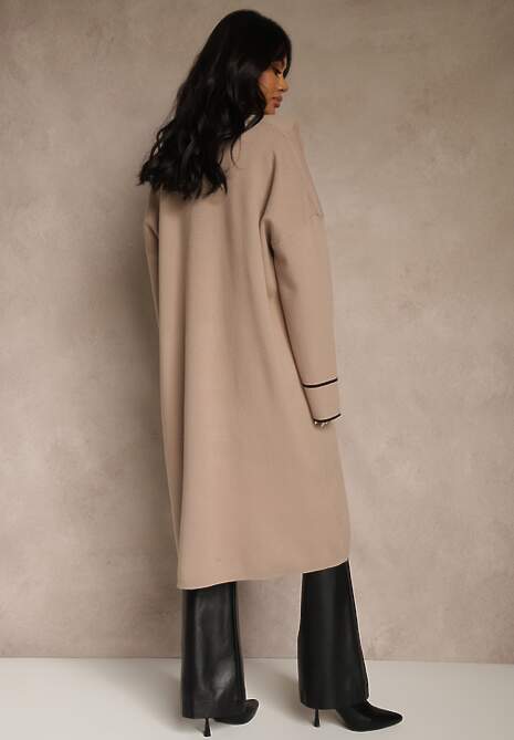 Beżowy Niezapinany Kardigan o Długim Kroju z Lamówką Venisse