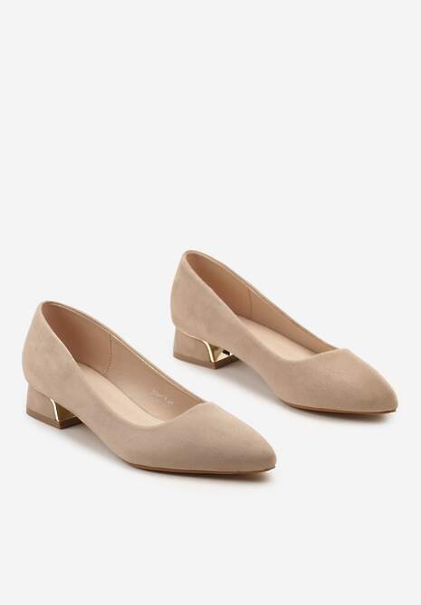 Ciemnobeżowe Czółenka na Słupku Ozdobione Metaliczną Ozdobą Panesha