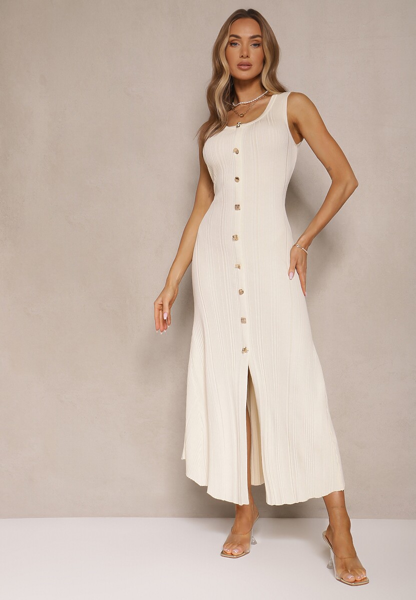 Jasnobeżowa Sweterkowa Sukienka z Wiskozy Ozdobiona Guzikami Lunioris