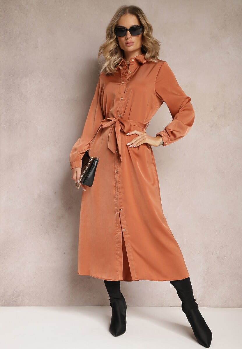 Różowa Rozkloszowana Sukienka Koszulowa z Paskiem Physsa