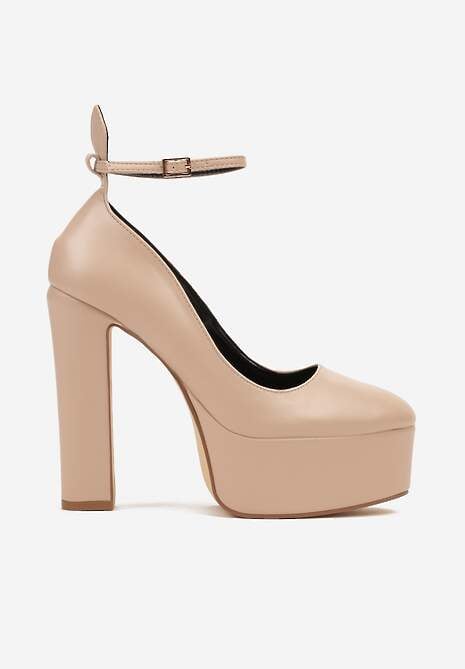 Beżowe Czółenka na Słupku i Platformie w Klasycznym Stylu Zapinane Wokół Kostki Ligelia