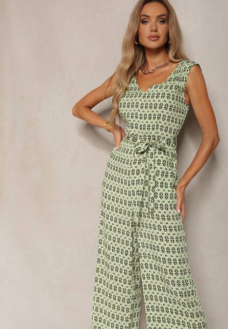 Zielony Taliowany Kombinezon z Wiskozy na Ramiączkach Wiązany w Talii Seadia