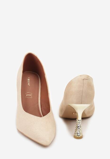 Beżowe Szpilki Vices z Wkładką ze Skóry Naturalnej Ozdobione Cyrkoniami Gioriana