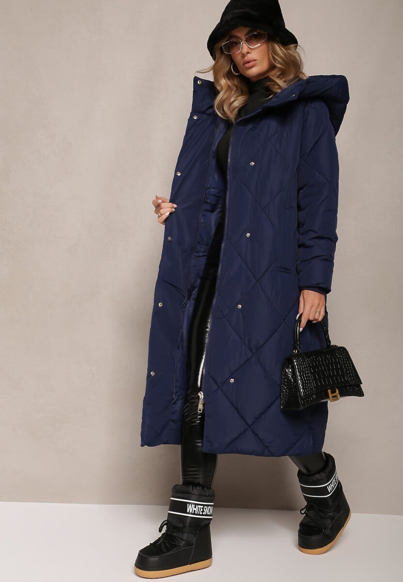 Biała Pikowana Kurtka Płaszcz za Kolano z Kapturem Kinassan