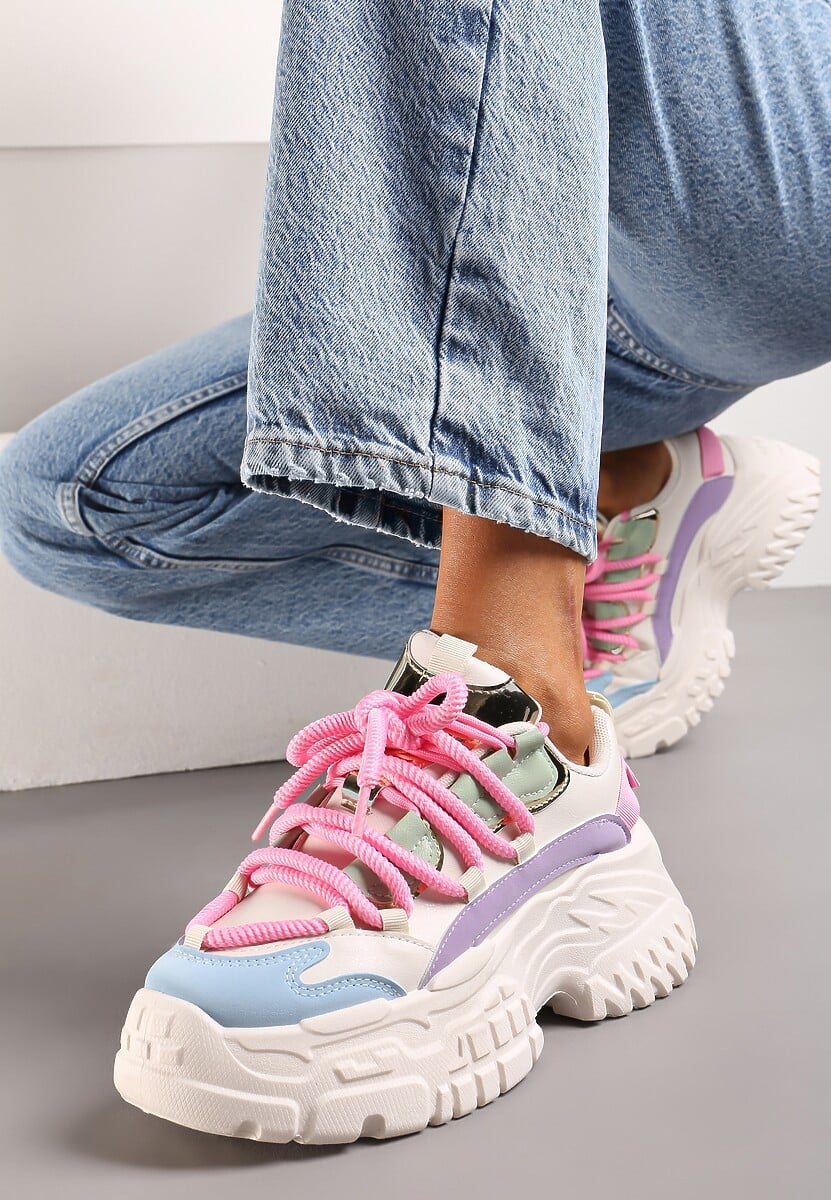 Biało-Różowe Sneakersy z Grubymi Sznurówkami na Niskiej Platformie Lasandre