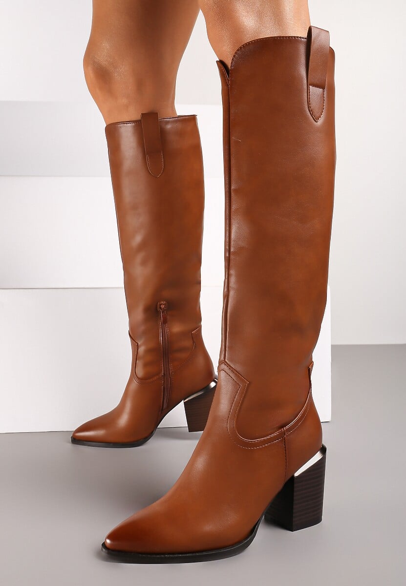 Brązowe Kozaki na Słupku Ozdobione Metaliczną Wstawką Serivia