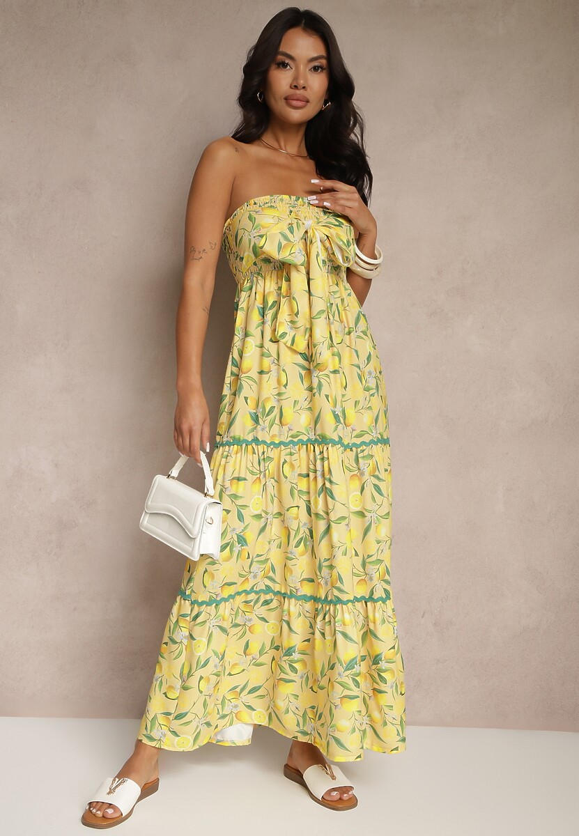 Żółta Sukienka Ozdobiona Kokardą i Motywem Cytryn Galionea