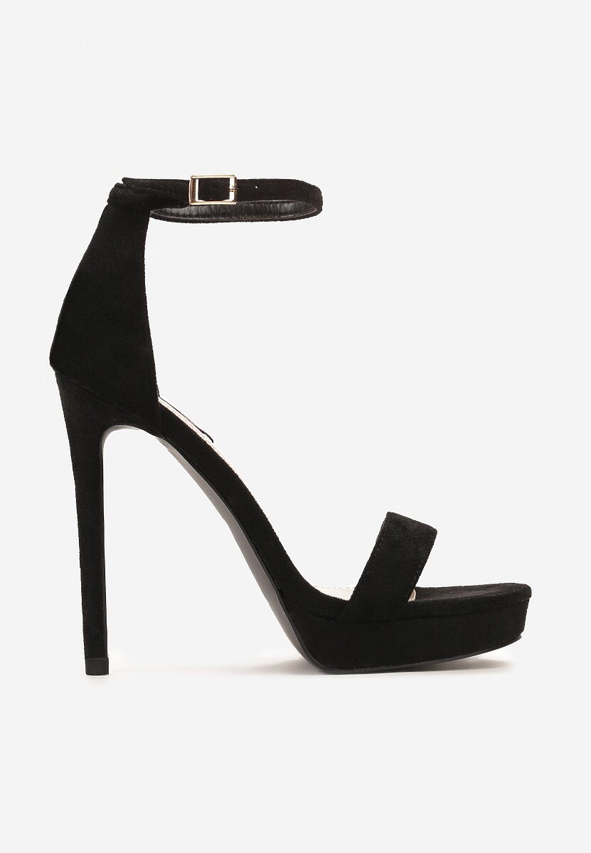 Czarne Sandały z Imitacji Zamszu na Szpilce i Niskiej Platformie z Okrągłym Noskiem Niraela
