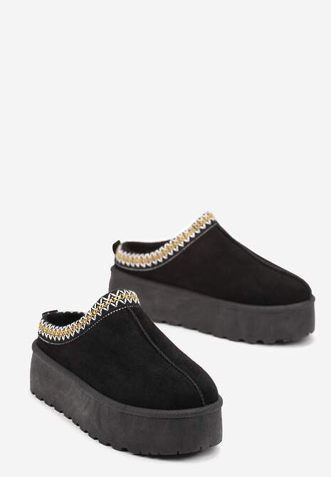 Czarne Krótkie Śniegowce na Platformie Ozdobione Haftowaną Lamówką Brandise