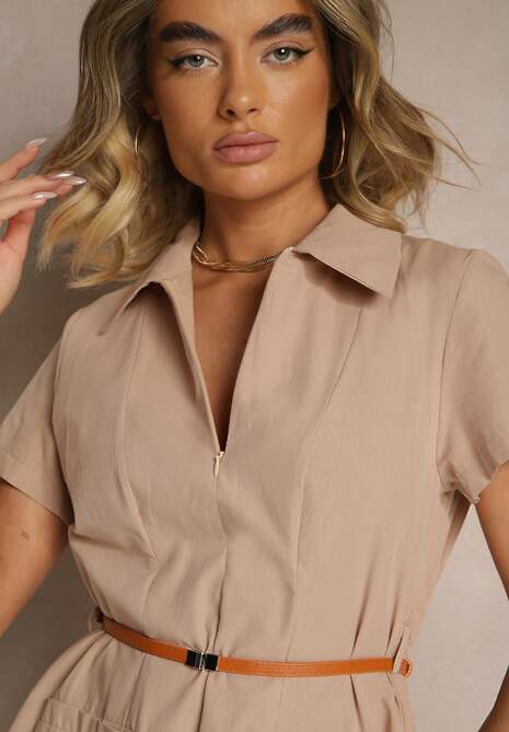 Ciemnobeżowa Sukienka Koszulowa z Cienkim Paskiem w Talii Weolessa